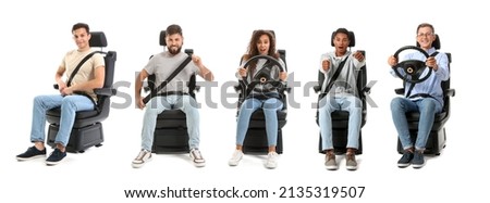 Similar – Image, Stock Photo Male passenger with seat belt fastened while sitting on airplane for safe flight.