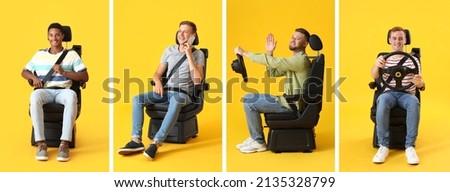 Similar – Image, Stock Photo Male passenger with seat belt fastened while sitting on airplane for safe flight.