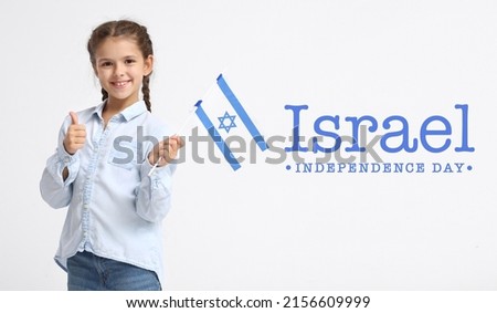 Little girl with flag and text ISRAEL INDEPENDENCE DAY on light background Stok fotoğraf © 