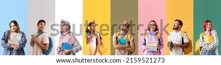 Similar – Image, Stock Photo happy backpacker caucasian woman at platform on train station using mobile phone. Travel concept