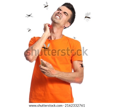 Young man with repellent and mosquito swarm on white background Foto stock © 