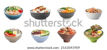 Similar – Image, Stock Photo Bowls with Asian soup with noodle, cabbage, mushrooms, shiitake, garlic, chili and dumpling in traditional crockery with chopsticks on dark concrete table. Food banner with healthy ramen noodles. Top view