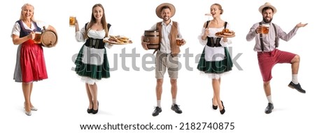 Set of people in traditional German costumes with beer and snacks on white background 商業照片 © 