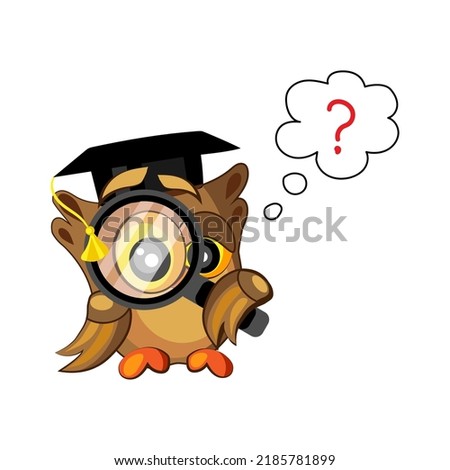 Cute owl in graduation hat and with magnifying glass on white ba