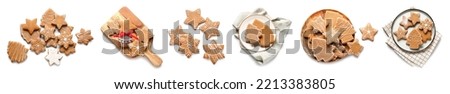 Similar – Image, Stock Photo Gingerbread cookies isolated on a blue background. Christmas homemade cookies top view