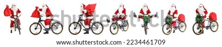 Similar – Image, Stock Photo Santa Claus riding bicycle along mountain road