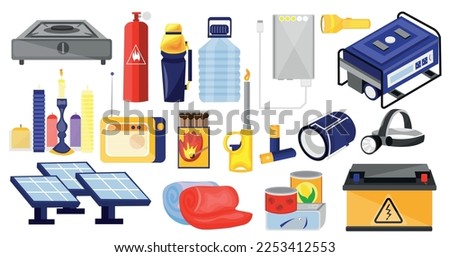 Set of items for survival on white background. Winter 2022-2023