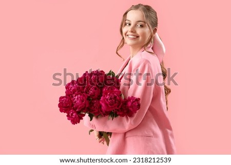 Similar – Image, Stock Photo Stylish woman with pink roses standing in studio