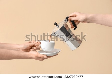 Similar – Image, Stock Photo pouring coffee to cup, beans on a wooden background