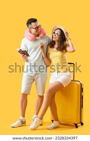 Similar – Image, Stock Photo Relaxed Young Couple At Home Sitting On Sofa Making Video Call On Laptop Computer