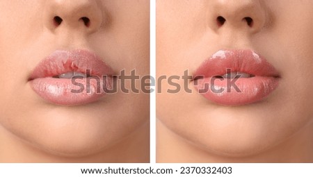 Similar – Image, Stock Photo Closeup of female lips with red lipstick reflected in mirror