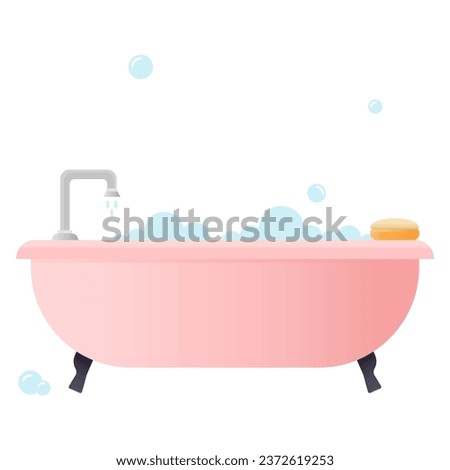 Pink bathtub with soap bubbles on white background