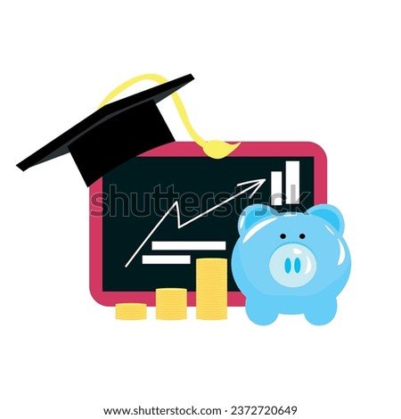 Piggy bank with coins, chalkboard and graduation hat on white ba