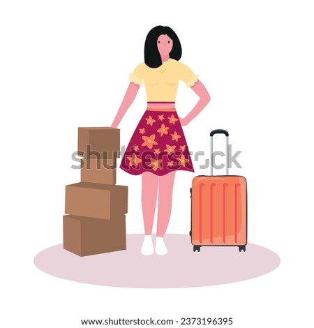 Female student with moving boxes and packed suitcase on white ba