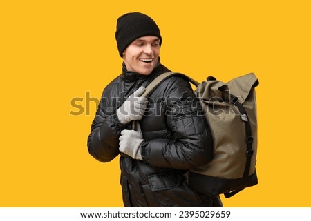 Similar – Foto Bild Mann in gelber Jacke beim Wandern im Nationalpark Tre Cime. Cadini di Misurina im Hintergrund. Dolomiten, Italien, Europa