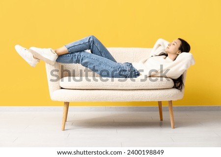 Similar – Image, Stock Photo Young woman resting on road during hiking in highlands