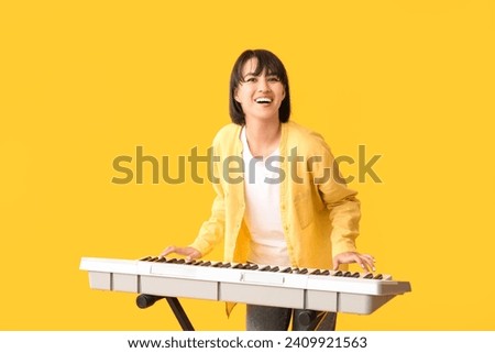 Similar – Image, Stock Photo Woman with modern synthesizer at home