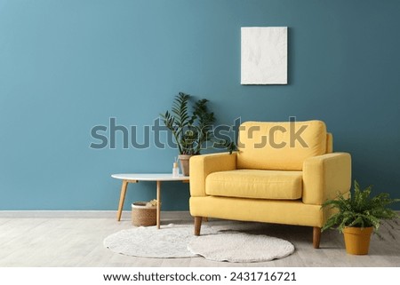 Similar – Image, Stock Photo a blue house wall, a closed window, in front of it a tree, lots of light and a reflecting fence