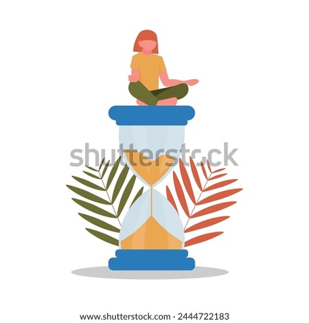 Big hourglass and meditating woman on white background