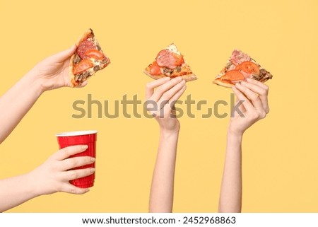 Similar – Image, Stock Photo Female Hands Holding Delicious Organic Salmon Vegetarian Burger and Homebrewed IPA Beer.