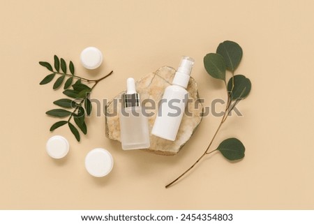 Similar – Image, Stock Photo Natural cosmetic product. White bottle on pastel background