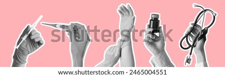 Similar – Image, Stock Photo Hand with syringe on red background with copy space