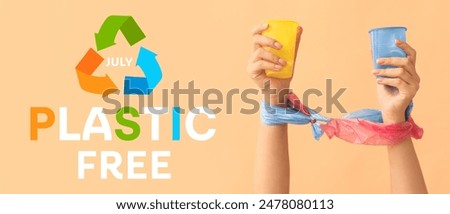 Image, Stock Photo Concept of stop plastic pollution, global warming, recycling plastic, plastic free. Hand tightly squeezes a blue empty plastic bottle in a sign of protest. Green background. Vector Illustration