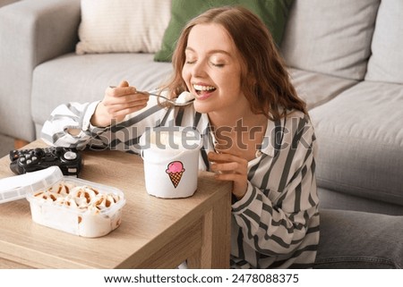 Similar – Image, Stock Photo Cool female eating ice cream on beach