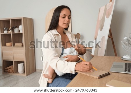 Similar – Image, Stock Photo Happy mother breastfeeding baby near window