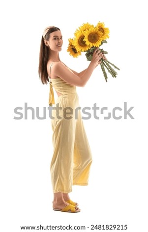 Similar – Foto Bild chica sujetando girasoles en el balcon