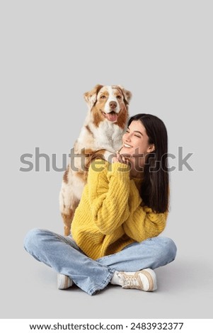 Image, Stock Photo Girl and dog with red suitcase happy for vacation