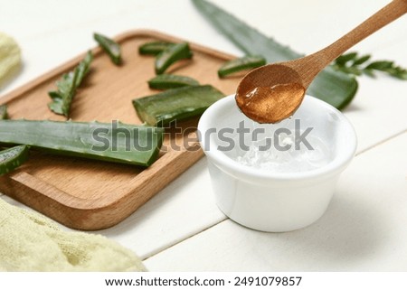 Similar – Image, Stock Photo Aloe Vera plant in pot with hanging leaves