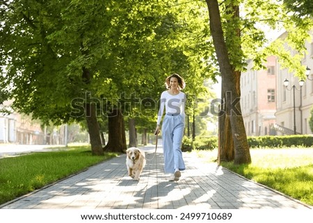 Image, Stock Photo Dog walking at city street with his owner