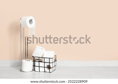 Similar – Image, Stock Photo many colorful paper rolls are stacked on a brown wooden table