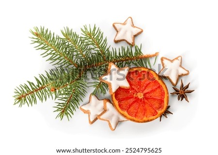 Similar – Image, Stock Photo Delicious fir tree with white chocolate, sugar pearls and red jam on dark plate in moody style