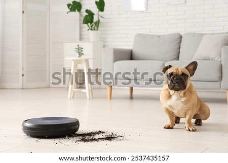 Similar – Image, Stock Photo A robot vacuum cleaner cleans the apartment diligently and independently and makes household chores easier