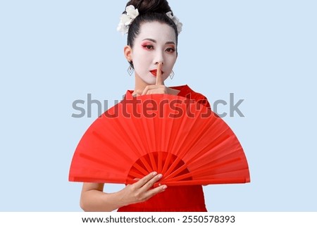 Similar – Image, Stock Photo Ethnic woman showing silence gesture in field