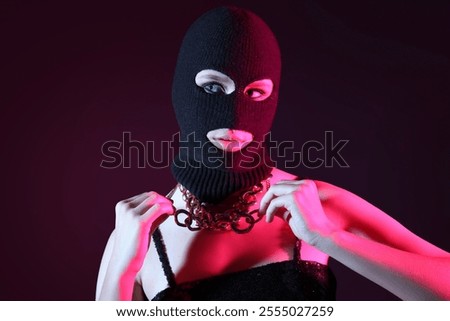 Similar – Image, Stock Photo Stylish black lady hiding behind curtain at home