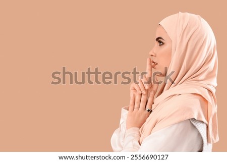 Similar – Image, Stock Photo Ethnic woman showing silence gesture in field