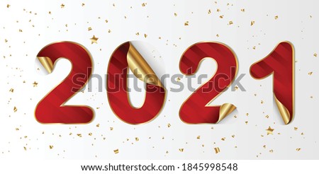 2021 Happy New Year, with peel off corner with ribbon shape on a white background, sticker number with flip edge,open gift,wrap paper pattern