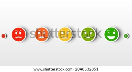 Set of flat emoticons with shadow feedback scale. angry, sad, neutral and happy feedback emoticon, red, orange, yellow and green icons, customer satisfaction meter