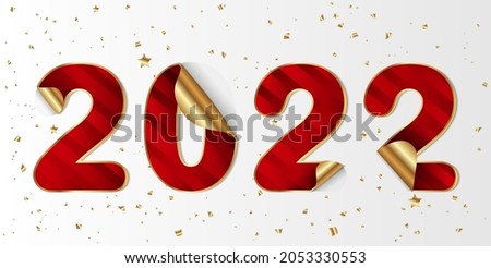 2022 Happy New Year, with peel off corner with ribbon shape on a white background, sticker number with flip edge,open gift,wrap paper pattern