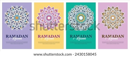 islamic ramadan greeting card set with circle floral mandala and arabic ornament style, ramadan kareem and ied mubarak