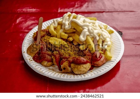 Similar – Foto Bild Currywurst in einer Pappschale mit rotem Piekser