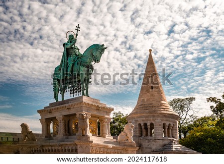 The Statue of Saint Stephen (Stephen I, first king of Hungary), in  the southern court of the Fisherman's Bastion in Budapest. It was made by sculpture Alajos Stróbl in 1906.