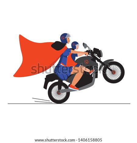 Woman superhero with a girl on a powerful black motorcycle ride forward. Super Mom on a motorcycle. Vector 
woman on a motorcycle