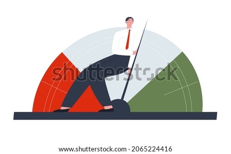 The businessman drives the speedometer needle into the green zone. The man is exerting maximum effort. Vector isolated illustration.