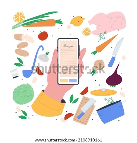 Phone in hand. Recipe in the app. Vegetables, utensils, cooking according to the recipe online. Flat vector illustration