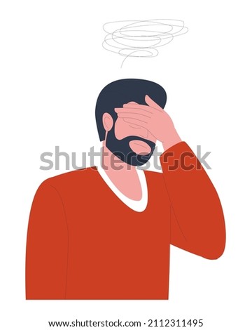 The man is tired, thoughtful or upset. Lots of thoughts in my head. Tired at the end of the day. Hand face. Flat vector illustration on white background isolated