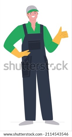 A man is standing in overalls. Cleaning agency employee Cleaning service. Show gesture OK and super. Flat vector illustration